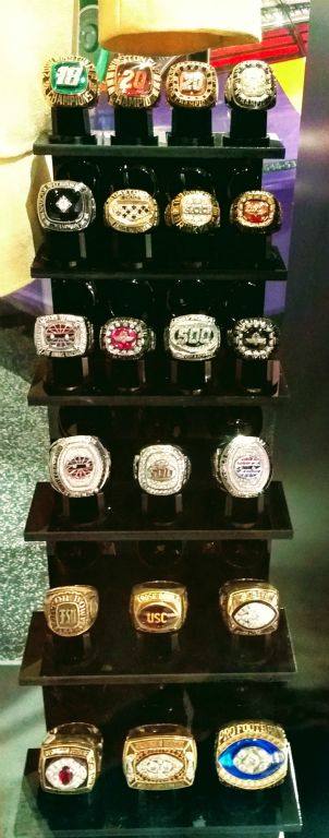 A collection of rings awarded to Joe Gibbs